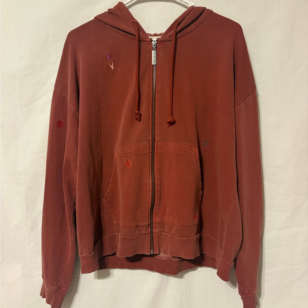 Peace Love World Rust Embroidered Zip Hoodie Size L